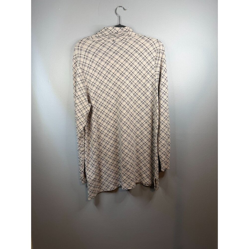 Lands End Womens Plaid Mock Neck Long Sleeve Shirt Size L 14-16 Beige & Navy - Picture 2 of 5